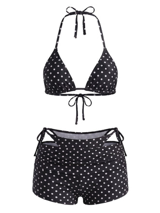50er Bikini & Shorts mit Polka-Dots und Neckholder