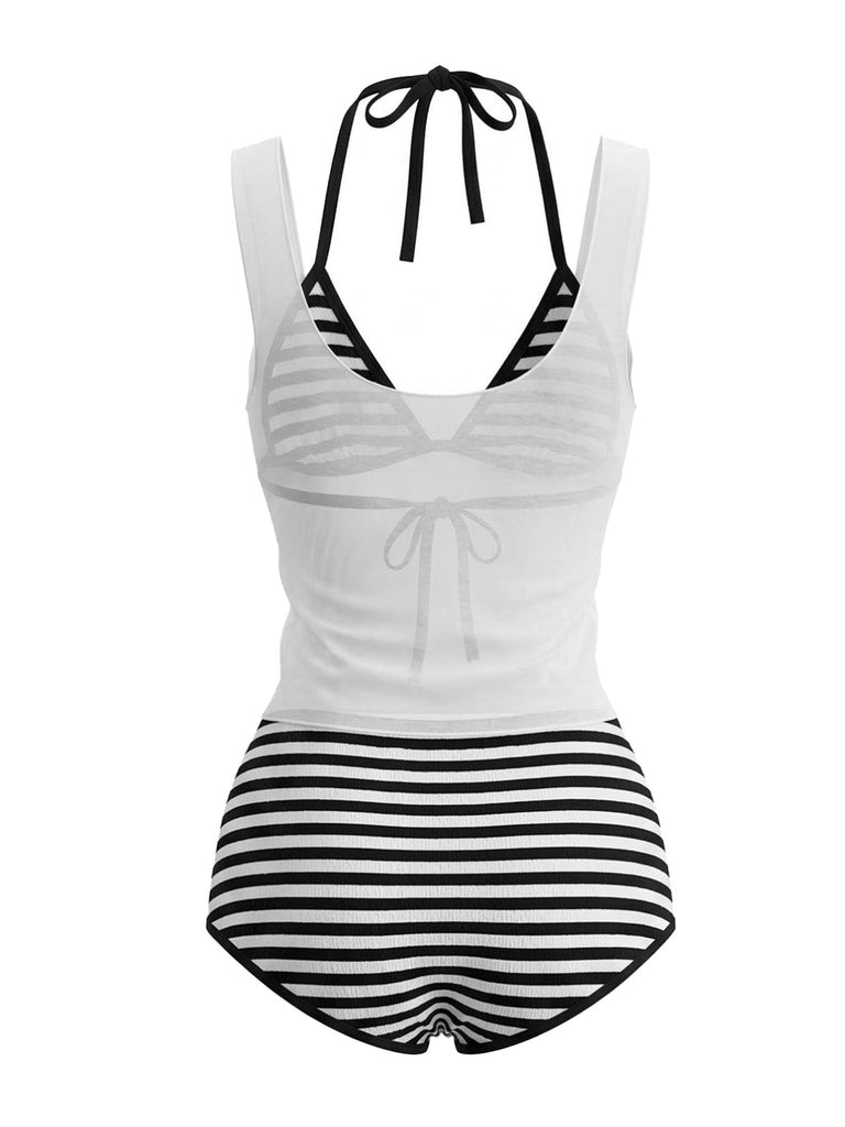 [Vorverkauf] 3PCS 1980er Streifen Bikini Set & Durchsichtig Cover-Up Tank