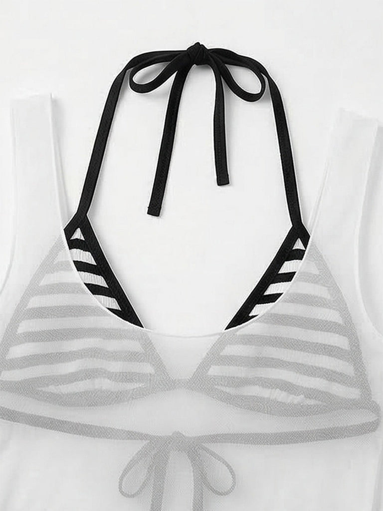 [Vorverkauf] 3PCS 1980er Streifen Bikini Set & Durchsichtig Cover-Up Tank