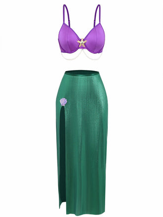 3PCS Lila 1970er Meer Perle Satin Meerjungfrau Nachtwäsche Set