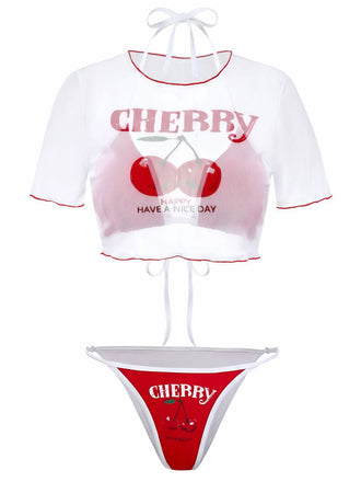 3PCS Rot 1950er Kirsche Druck Schnür Bikini Set