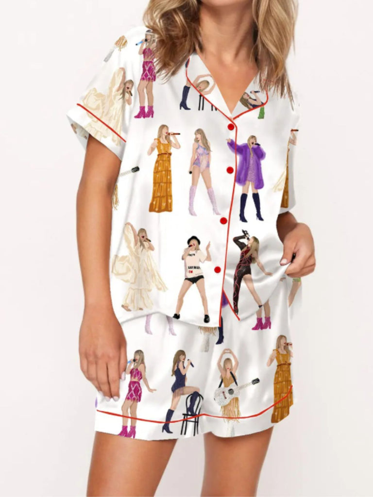 2PCS 1960er Sängerin Karikatur Drucken Taste Pyjama Set