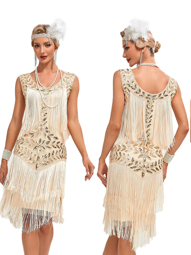 Grün 1920er V-Ausschnitt Paillettenbesetztes Mesh kleid