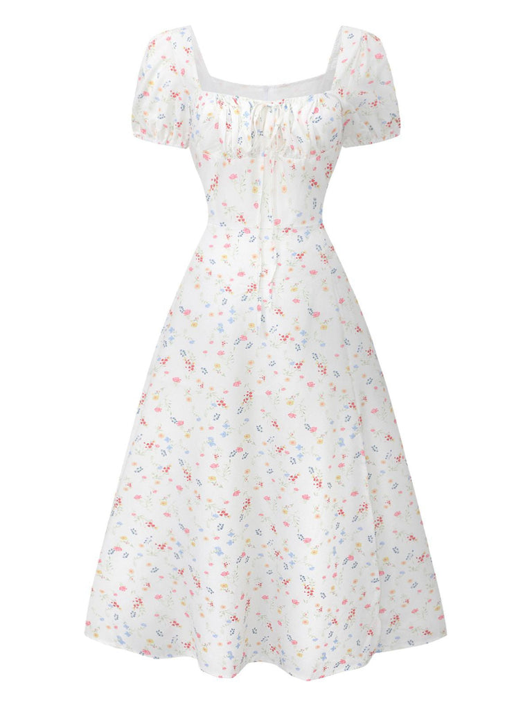Weiß 1930er Blumen Quadratischer Hals Puffärmel Kleid