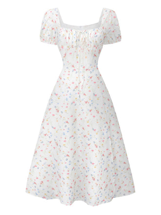Weiß 1930er Blumen Quadratischer Hals Puffärmel Kleid