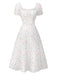 Weiß 1930er Blumen Quadratischer Hals Puffärmel Kleid