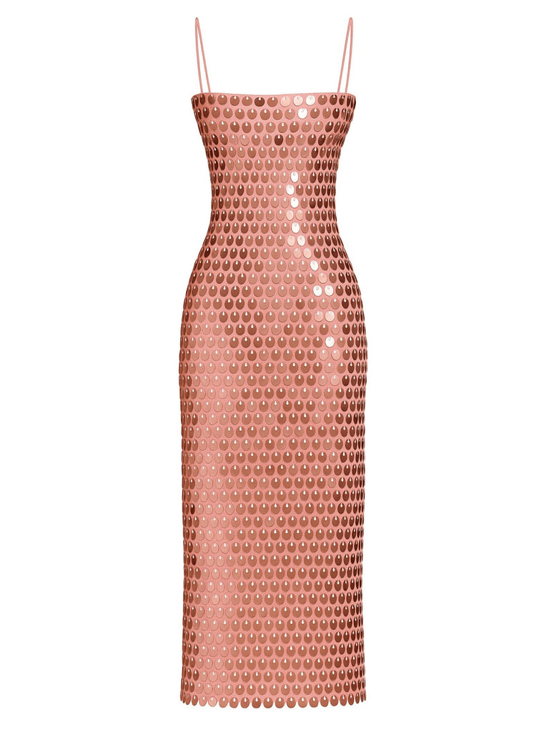 1930er Solide Pailletten Rücken Schlitz Spaghetti Träger Kleid