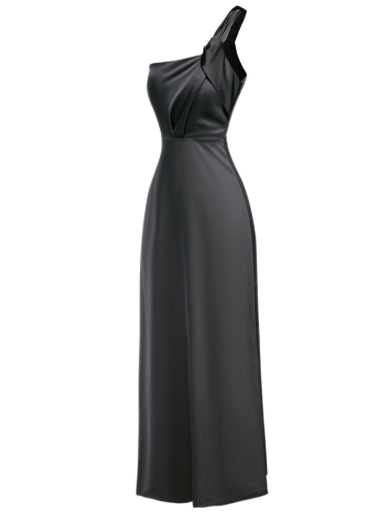 1940er Solide Satin Eine Schulter Kleid