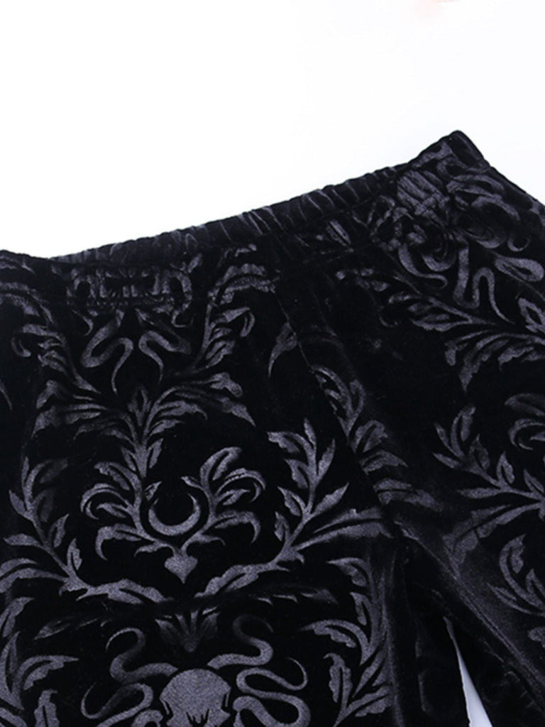 Schwarz 1980er Punk Rebe Drucken Samt Bootcut Hose