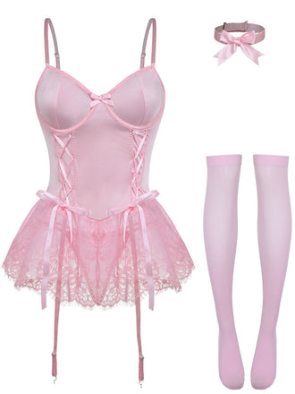 Rosa 60er Korsett-Bodysuit-Set mit Spitzenbesatz