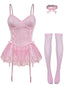 Rosa 60er Korsett-Bodysuit-Set mit Spitzenbesatz