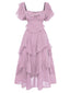 Nebligrosa 1950er Rüschen Gestuft Schulterfrei Maxi Kleid