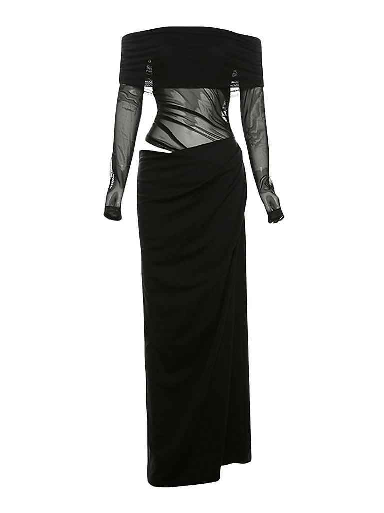 Schwarz 1980er Solide Schulterfrei Netz Cut-Out Durchsichtig Kleid