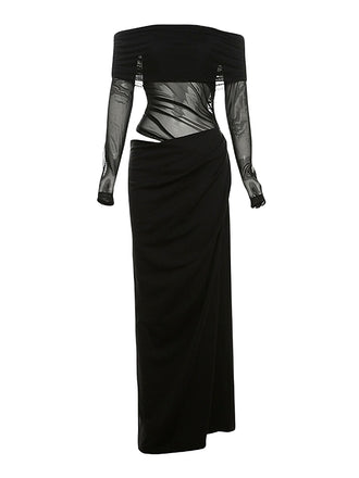 Schwarz 1980er Solide Schulterfrei Netz Cut-Out Durchsichtig Kleid
