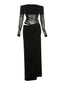 Schwarz 1980er Solide Schulterfrei Netz Cut-Out Durchsichtig Kleid