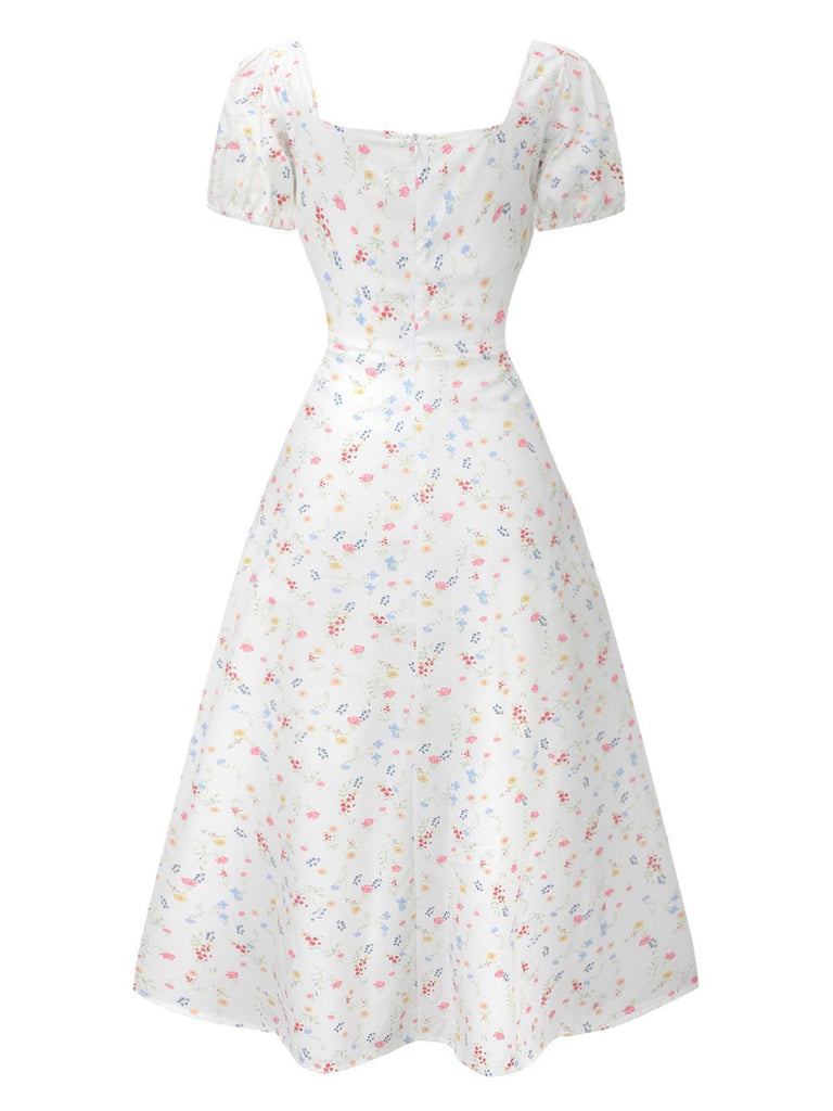 Weiß 1930er Blumen Quadratischer Hals Puffärmel Kleid