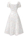 Weiß 1930er Blumen Quadratischer Hals Puffärmel Kleid
