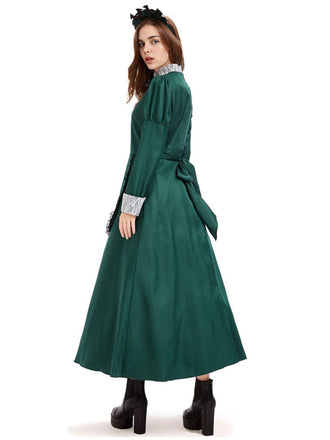 Grün 1950er Viktorianisch Satin Lang Dienstmädchen Kleid