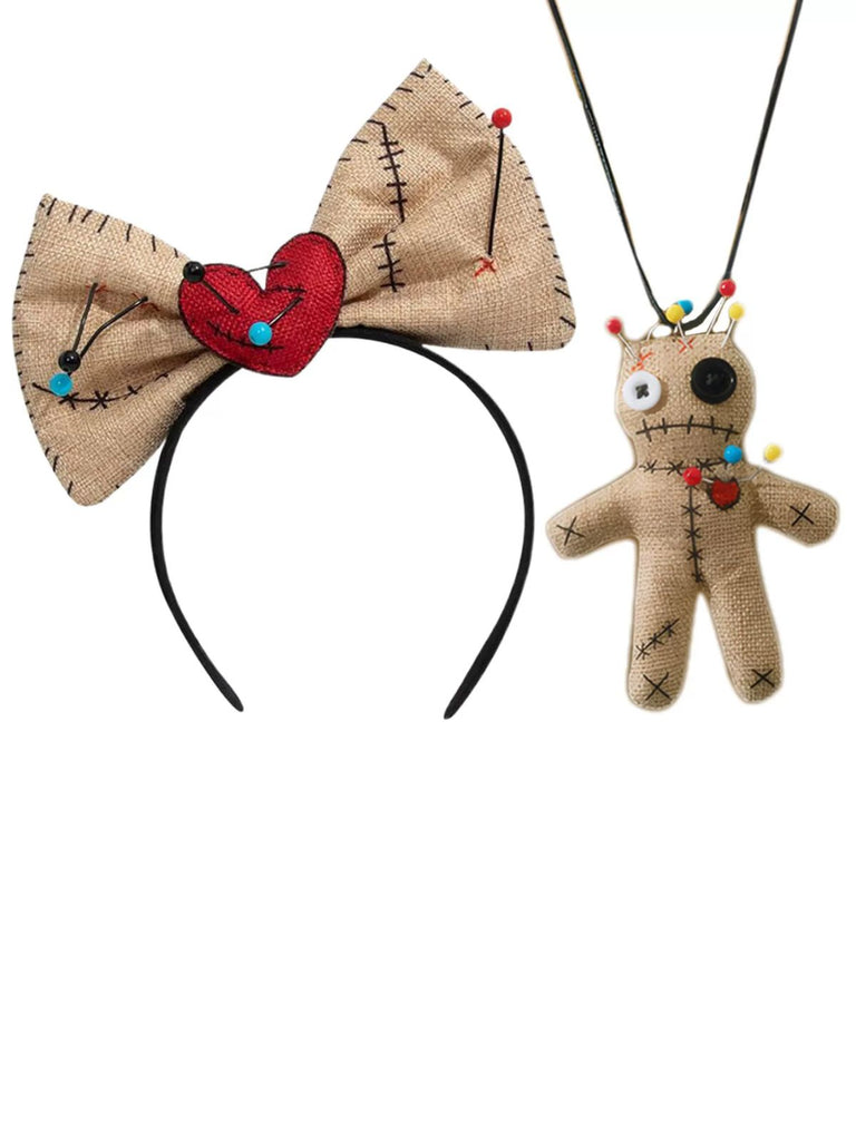 Khakifarbenes Voodoo-Puppen-Set mit Schleifen-Haarreif und Halskette