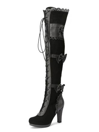 Schwarze lange Vintage-Stiefel mit Schleife, Schnürung und hohem Absatz