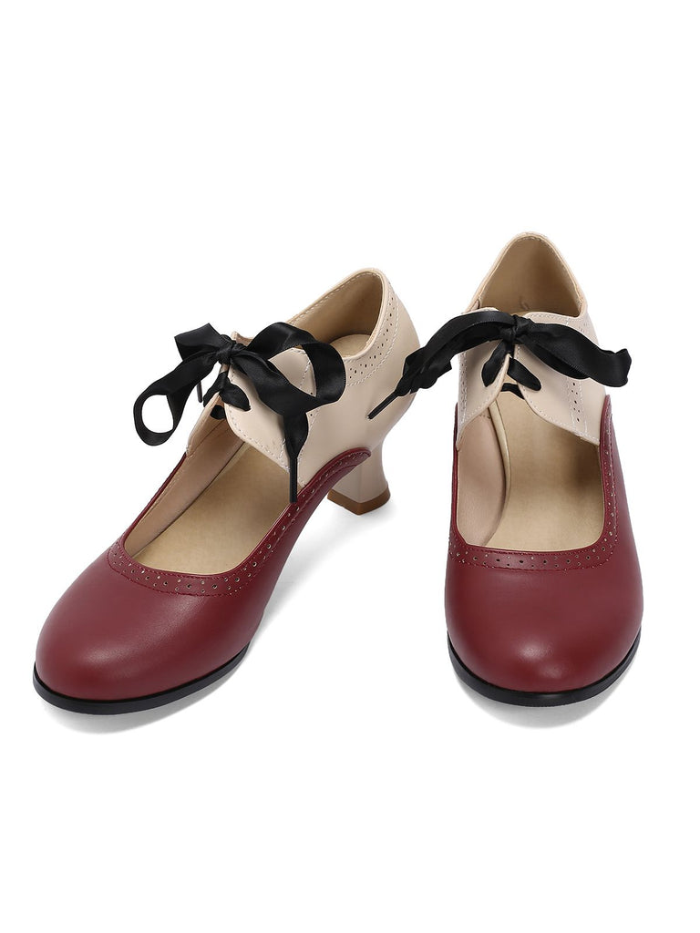 Vintage Farbblock Schnürung Kitten Heel Schuhe