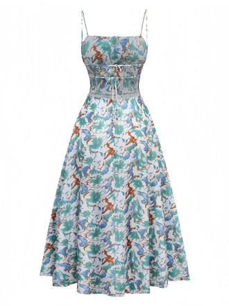 1950er Spaghetti Träger Blumen Rückenfrei Seitenschlitz Kleid