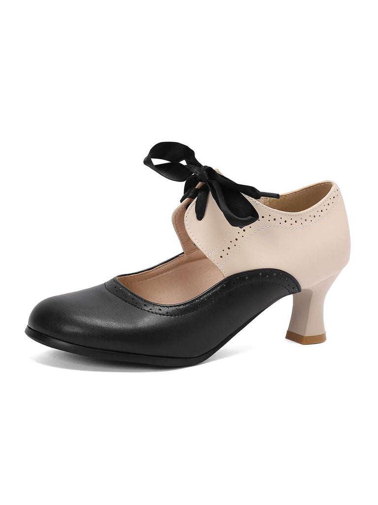 Vintage Farbblock Schnürung Kitten Heel Schuhe
