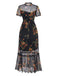 Schwarz 1930er Blumen Netz Rüsche Midi Kleid