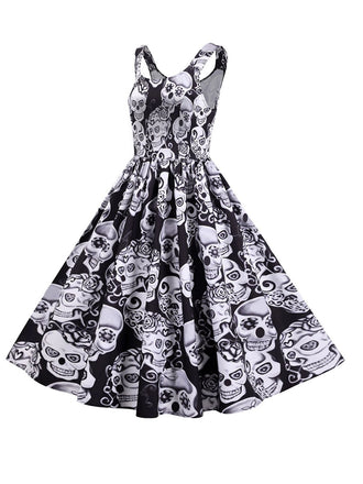 1950er Halloween Schädel Ärmellos Swing Kleid