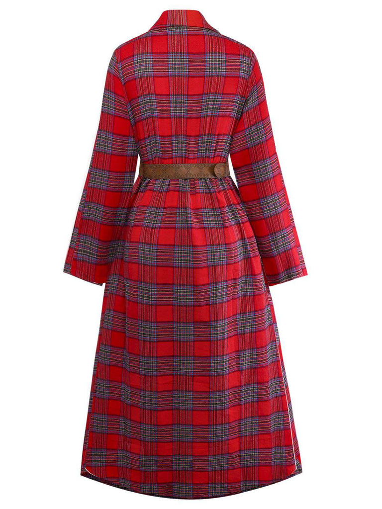 1940er Tartan Plaid Langarm Gürtel Shirt Kleid