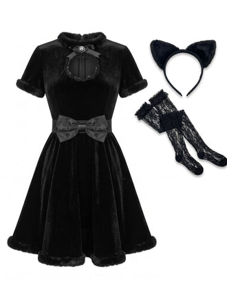 Schwarzes 80er Katzenkostüm mit Samtkleid, Cut-out und Schleife