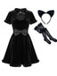 Schwarzes 80er Katzenkostüm mit Samtkleid, Cut-out und Schleife