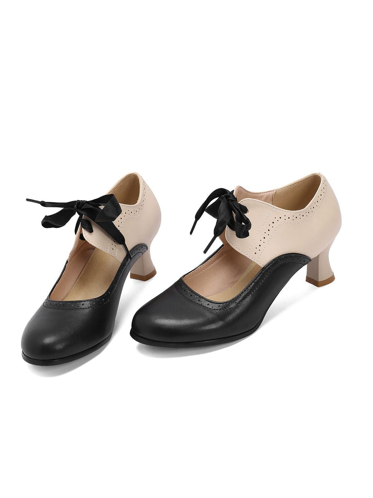 Vintage Farbblock Schnürung Kitten Heel Schuhe