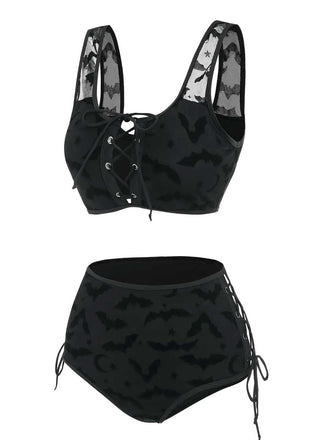 [Vorverkauf] Schwarz 1980er Träger Fledermäuse Netz Gothic Bikini Set