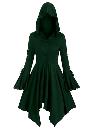 Dunkelgrüne lange 80er Gothic-Punk-Jacke mit Kapuze