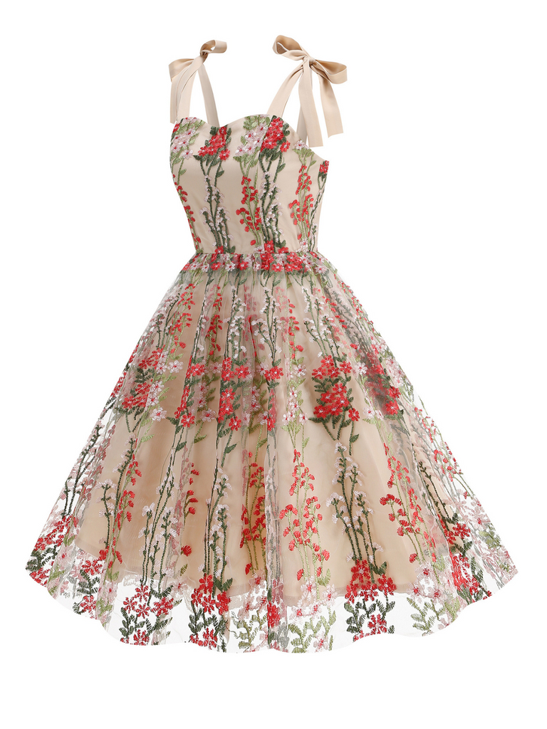 1950er Bestickt Netz Schnürung Herzförmiger Hals Kleid