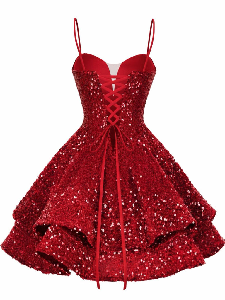 Rot 1950er Pailletten Tief-V Schnür Mini Party Kleid