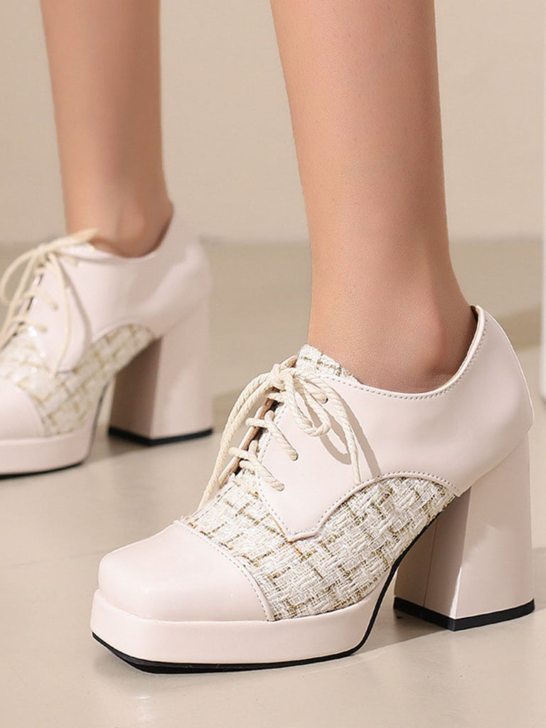 Mary Jane Kariert Quadratisch Zehen Block Absatz Schuhe