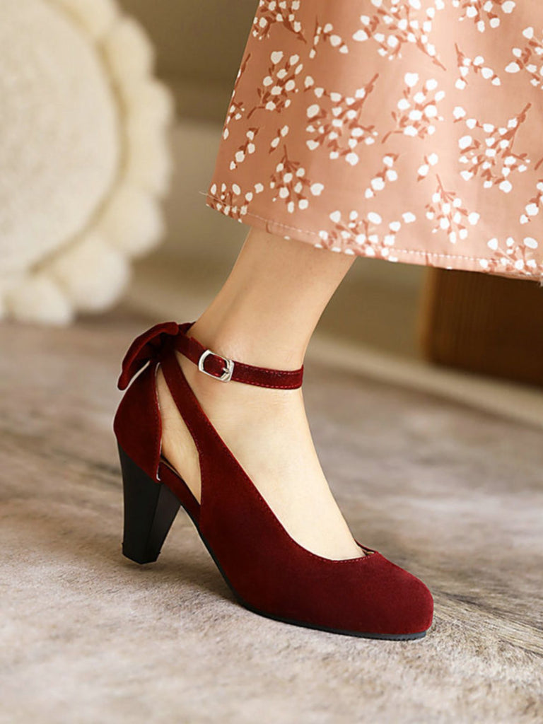 Vintage Bogen Klobige Wildleder Hohem Absatz Schuhe