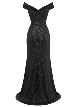 Schwarz 1930er Schulterfrei Glitzer Schlitz Maxi Kleid
