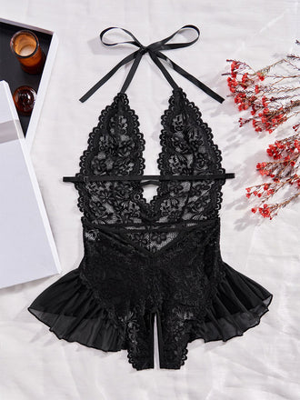 Schwarze 80er Neckholder-Dessous mit Spitze