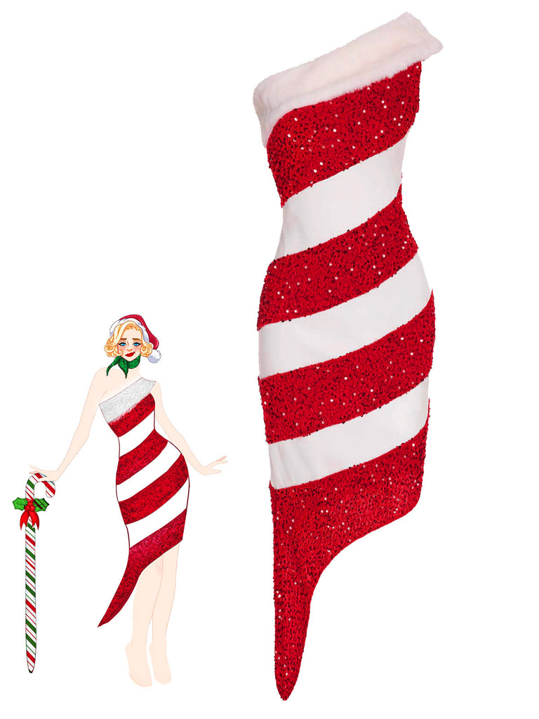 Grün 1960er Weihnachten Zuckerstange Off-Shoulder Kleid