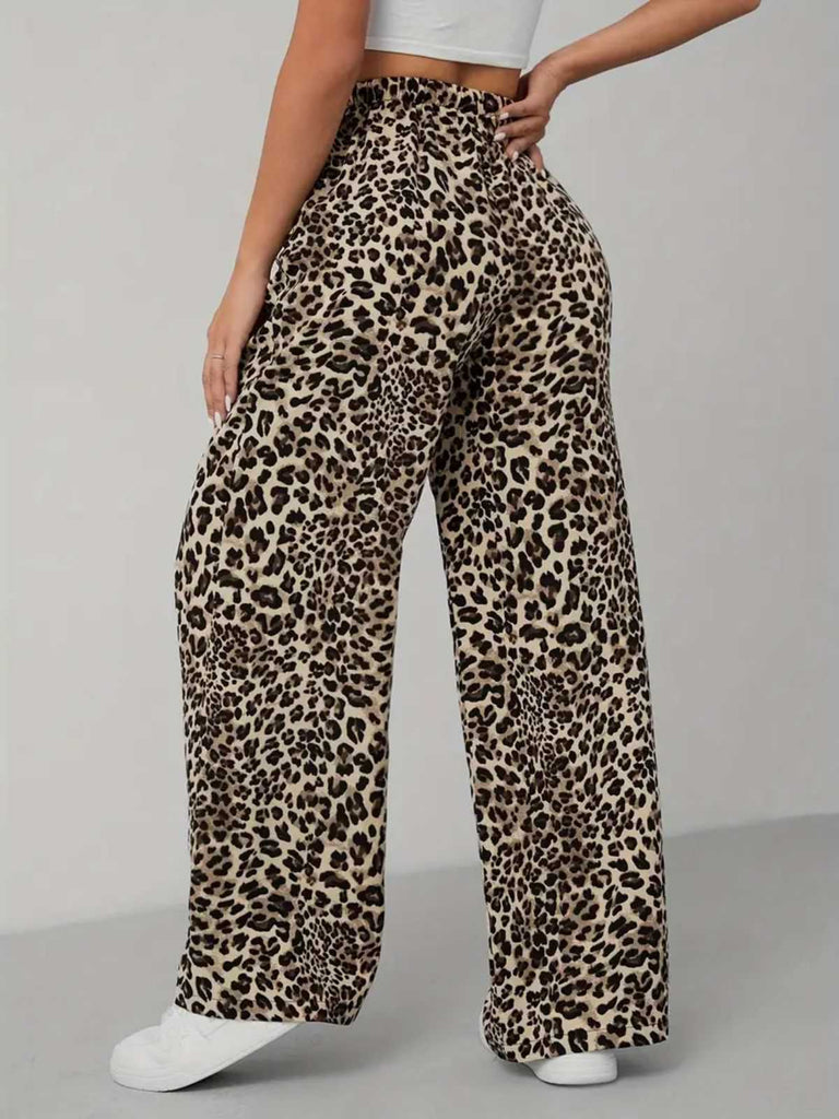 1970er Leopard Weites Bein Kordelzug Hose
