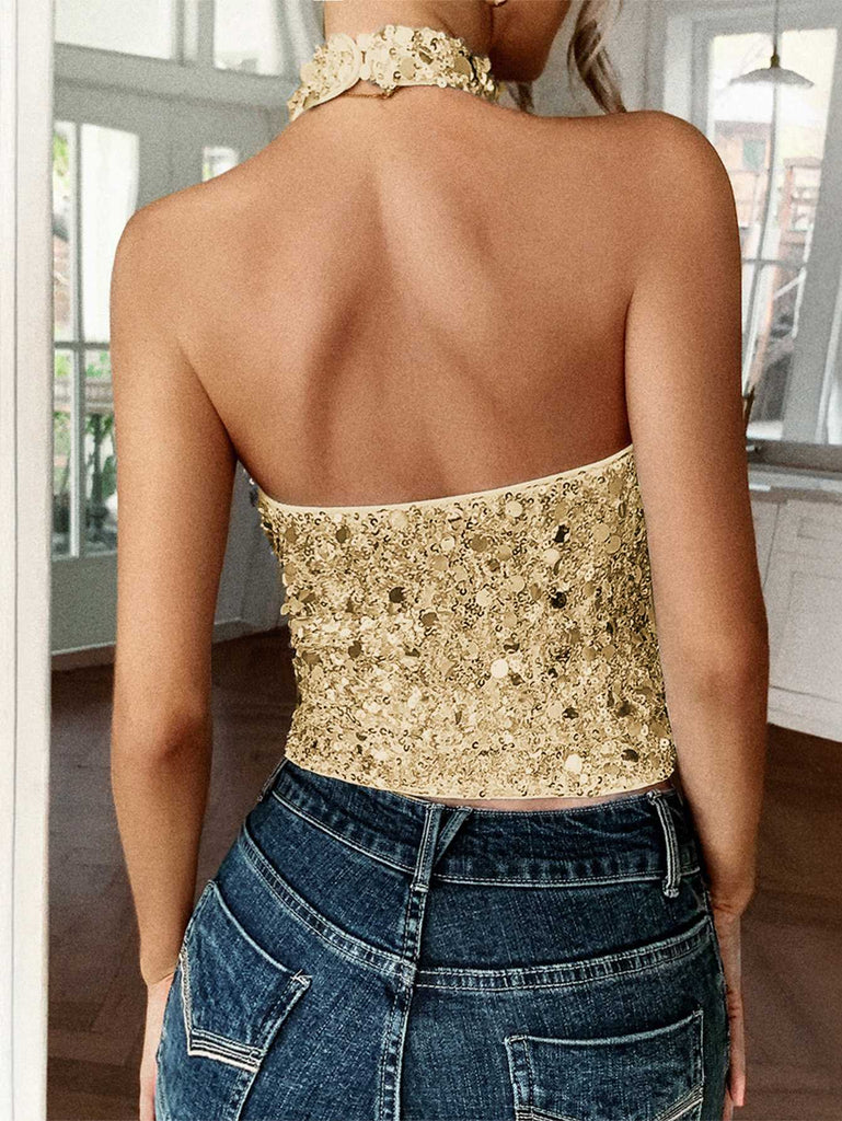 Metallic 1970er Halter Pailletten Ärmellos Top