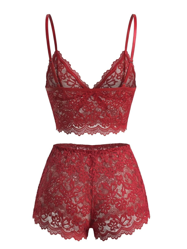 1960er Spaghetti Träger Spitze Blumen Bogen Pyjama Set