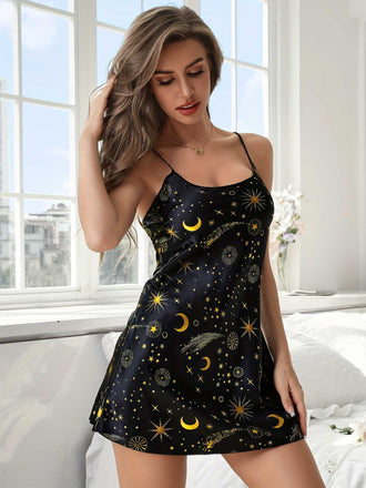 Schwarz 1970er Spaghetti Träger Himmlisch Drucken Nachthemd