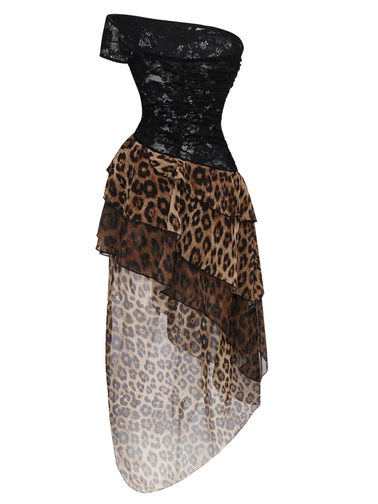 Schwarz 1980er Spitze Leopard Druck Asymmetrisch Kleid