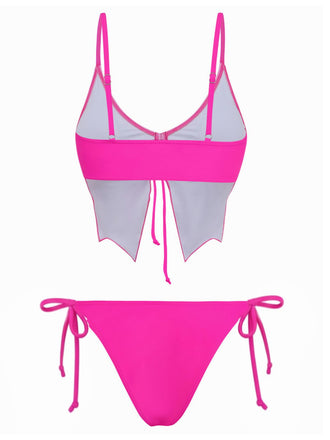 Rosa 70er Bikini-Set mit Schmetterlingsmotiv, Spaghettiträgern und Schnürung