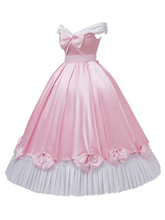 Rosa 1950er Schulterfrei Plissiertes Satin Bogen Prinzessin Kleid