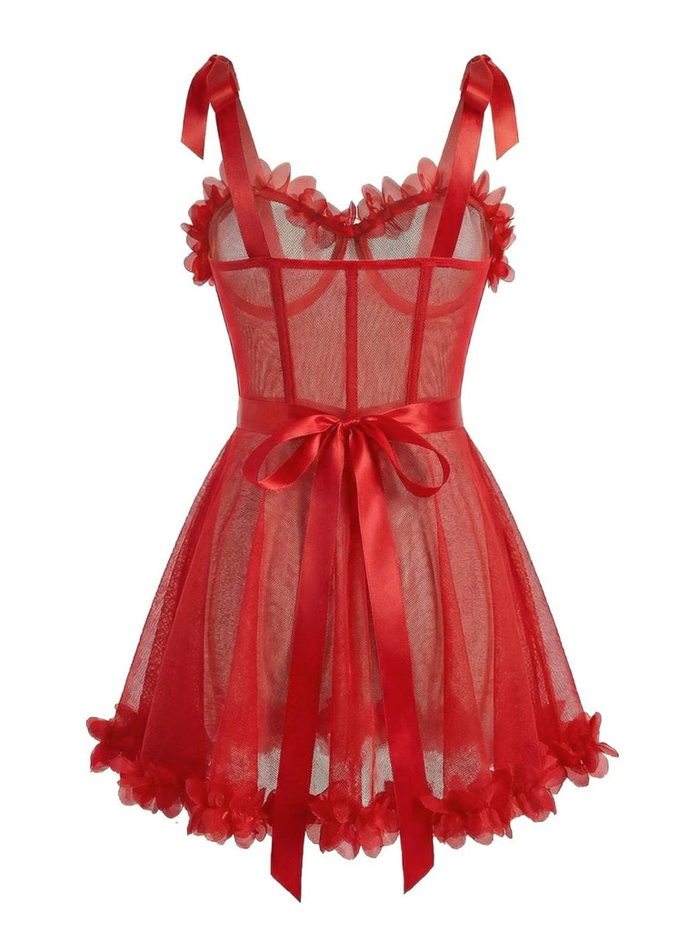 Rot 1960er Solide 3D Blumen Schnürung Nachtwäsche